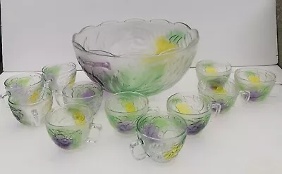 Buy Vintage Kig Glass Punch Bowl Coloured Embossed Fruit With 11 Cups  • 45£