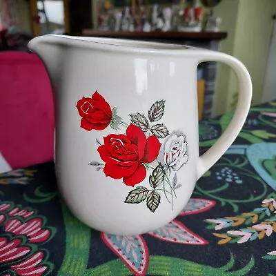Buy 60s Vintage Jug Retro Flowers Romanian Fs Pottery Red Roses Flowers Kitsch • 12£