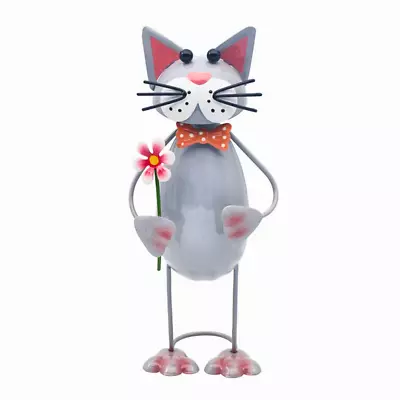 Buy Grey Cat Holding Flower Metal Ornament Garden Figurine Bobbin Ornaments • 14.99£