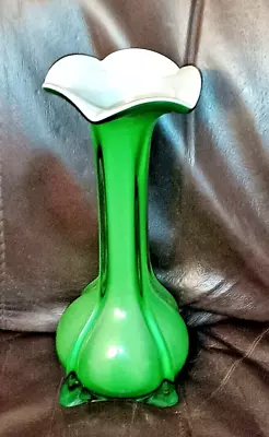 Buy Beautiful Green White Glass Lily Flower Vase With Flared Edge No Chips Or Cracks • 16.99£