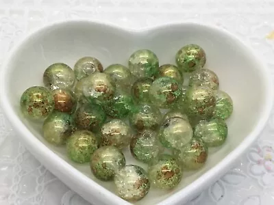 Buy Pack Of 30 Crackle Glass Beads, Green With Brown And Gold Marble Powder 10mm • 3.47£