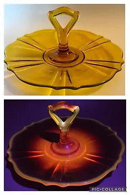 Buy Cadmium Glass Tidbit Tray Sunflower Yellow Scalloped Depression Glass UV Glow • 33.61£