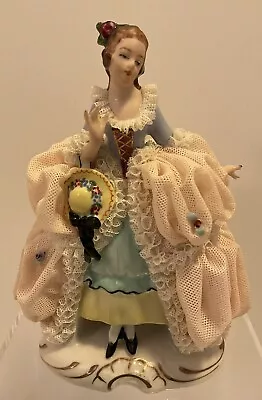 Buy Stunning Dresden Lace Figurine Curtsying Lady W/ Flowers And Hat Marked 6” • 93.19£