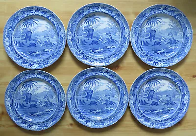 Buy Set 6 Antique Pottery Pearlware Blue Transfer Spode Indian Sporting Plates 1810 • 319£