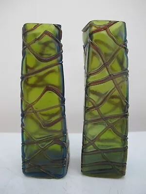 Buy Art Nouveau PALLME-KONIG Czech Bohemian Veined IRIDESCENT Green Glass Vase Pair • 275.41£
