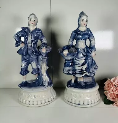 Buy Pair Of Vintage Large Blue & White Ceramic Capodimonti Male & Female Figurines • 80£