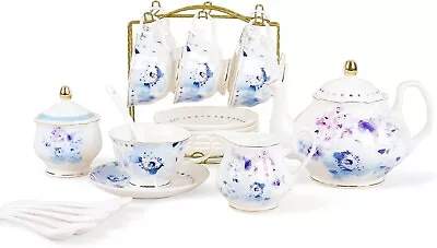 Buy NEW FANQUARE 15-Piece Blue Floral New Bone China Porcelain Tea Set In White -Z03 • 14.99£