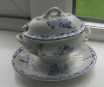 Buy Antique 1880s Terre De Fer Porcelain  Blue/White Floral Mustard Pot  RARER LOOK • 7.50£