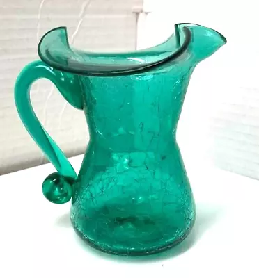 Buy Rainbow Glass Co Crackle Glass Pitcher Ruffled Rim Blown  Green Vase Pontil Mark • 22.37£