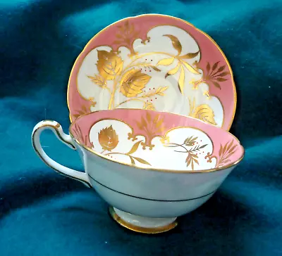 Buy Vintage Royal Grafton 'Studio Leaf' Heavily Gilded Cup Saucer Pink White 1950s • 15.50£