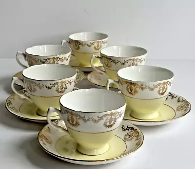 Buy Vintage Royal Vale Teacup & Saucer Set Of 6 - Two Tone With Gold Filigree Edge  • 60£