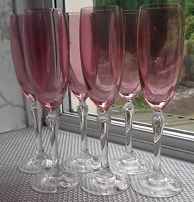 Buy 6 Vintage Champagne Flutes Pink Bohemia Crystal Glass LRE Slovakia 22 X 6 Cm • 49.99£