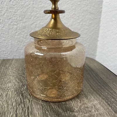 Buy Vintage Small Crackle Glass Canister With Brass Lid.  Rare Find! • 23.34£