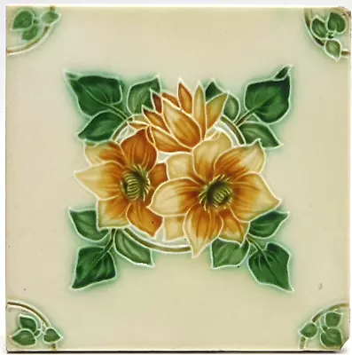 Buy Antique Fireplace Tile Floral Moulded Majolica Rhodes Tile Co C1909 • 45£
