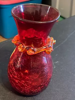 Buy Vintage Red Crackle Glass Vase Amber Rigaree Hand Blown MCM • 9.27£