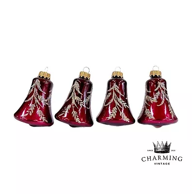 Buy 4 Vintage Krebs Dark Red Bells Glitter Decor Blown Glass Christmas Ornaments • 31.54£