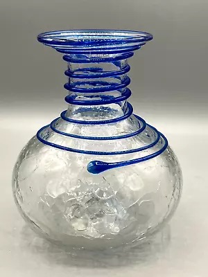 Buy Blenko Glass #8318 Clear Crackle Glass Cobalt Blue Swirl 6.5  Tall • 45.66£