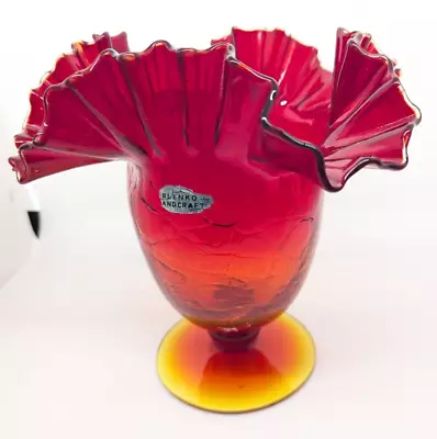 Buy Classic Vintage Blenko Crackle Glass Amberina Ruffle Pedestal Vase, Approx. 8  • 46.60£