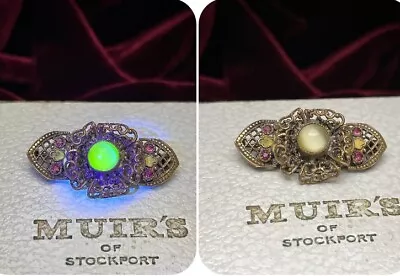 Buy Vintage Edwardian Art Deco Czech Filigree Vaseline UV Custard Glass Brooch Pin💚 • 9.90£