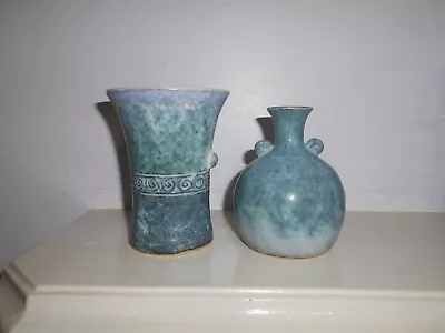 Buy Welsh Studio Conwy Pottery, Two Beautiful Blue/green Mottled, 4 And 4.5 Ins High • 30£