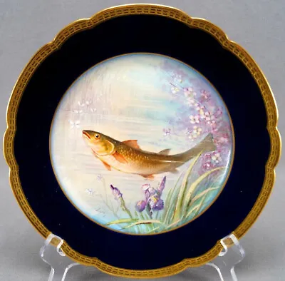 Buy Limoges Hand Painted Signed Luc Cobalt & Gold Border Fish 9 1/2 Inch Plate F • 139.79£