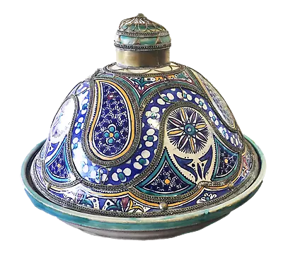 Buy Lg Vtg Moroccan Ceramic Feast Tajine W/ Metal Overlay 19  Diameter Fez • 950.57£
