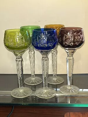 Buy SET 5 BOHEMIAN CRYSTAL CLEAR Ind Wine GOBLETS Multi Colored Germany • 130.46£