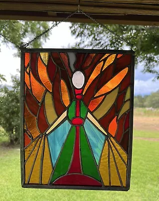 Buy VTG Stained Leaded Glass Hanging Panel Fire Angel Spiritual - 14” X 11” *damage • 56.01£