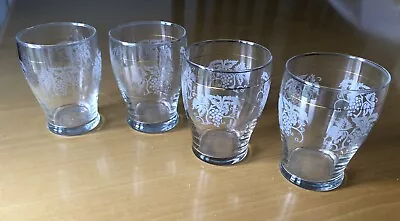 Buy Vintage Retro 1970s Clear Glass Etched Tumblers Gold Coloured Trims Set Of Four • 12.99£