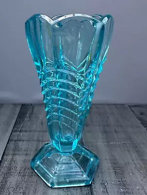 Buy Vintage Davidson Art Deco Pale Blue Turquoise Small Glass Chevron Flower Vase • 28.95£