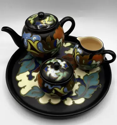 Buy Vintage Gouda Pottery-Holland-Regina-Teapot-Platter-Creamer-Sugar Set • 326.17£