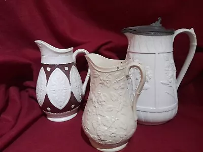 Buy Job Lot 3 Victorian Relief Moulded Jugs Antique Pewter Lidded Jugs Fuchsia  • 19.99£
