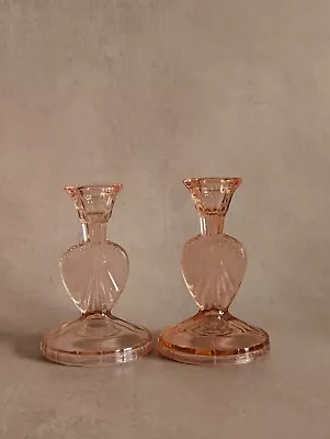 Buy Antique Vintage Samuel Reich Pink  Heart  Shaped Glass Candlesticks - Set Of Two • 34£