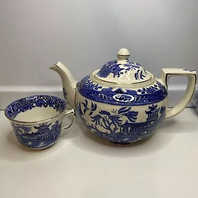 Buy Vintage Willow Blue Burleighware Ironstone Teapot England With A Teacup • 69.89£