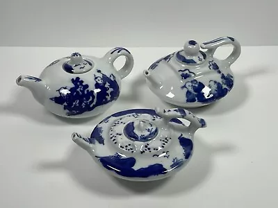Buy Oriental Chinese Small White/Blue Porcelain Teapots Set Of 3 Hand Painted Signed • 29.99£