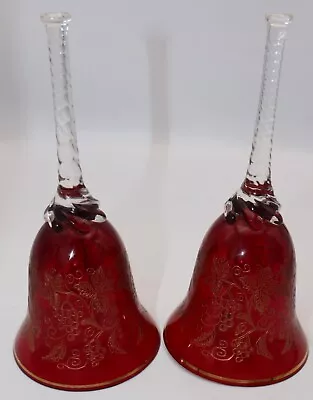 Buy 2 Vintage Bohemia Crystal Glass Bells - Ruby Red - Gold Grape Vine Pattern Gilt • 9.99£