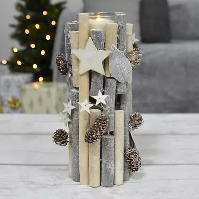 Buy Christmas Candle Holder Grey Wood Silver Leaf Stars Cones Glass Jar 27/37cm • 12.97£