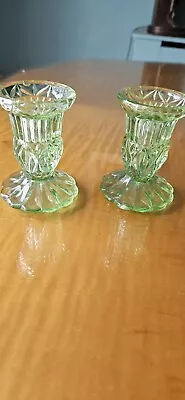 Buy Pair Of Small Green Glass Thistle Candlesticks • 17.50£