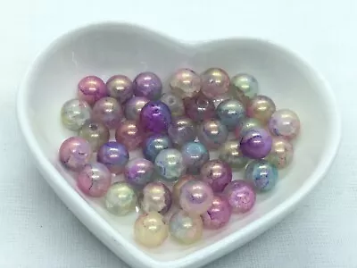 Buy Pack Of 40 Crackle Glass Beads, Pinks, Blue, Yellow Gold Marble,  8mm • 3.47£