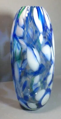 Buy Vintage Blue White & Green Splatter Heavy Glass Vase 12  Tall Made In Poland • 24.99£