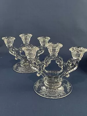 Buy 2 Vintage Cambridge Glass Three Light Clear Candle Holders KEY HOLE  C.1930-40s • 71.29£