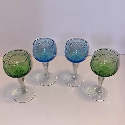 Buy Bohemian Art Glass Crystal Blue Green Water Goblets Wine Glass Set Of 4 • 26.14£