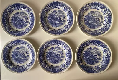 Buy 6 X Vintage  Wood's Burslem Blue And White  Side Plates Seaforth 20cm / 7 3/4 In • 14.99£
