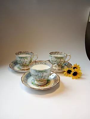 Buy 3 X Royal Albert Silver Birch Bone China Tea Cups & Saucers • 33£