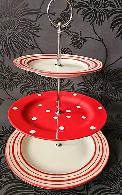 Buy LAURA ASHLEY, 3 Tier Cake Stand. Polka Dot & Stripes. Red. Chip To Middle Plate. • 4.99£