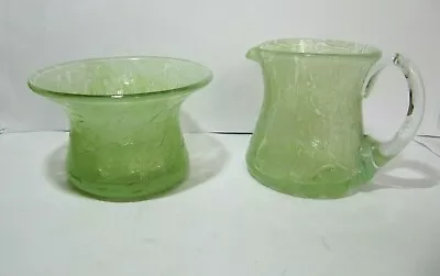 Buy Vintage Green Art Glass Sugar Bowl And Milk Jug With Crackle Surface • 12.25£