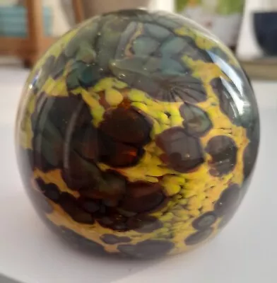 Buy Mdina Glass Paperweight Signed. Brown, Yellow And Blue Mottled Paperweight. • 12£