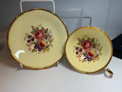 Buy Vintage Paragon  Pink Cabbage Roses Fruit  Bone China Yellow Cup & Saucer • 29.99£