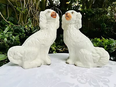Buy Tall Staffordshire Wally Dogs Flat Back Spaniels White 32cm / 12.5 Inch Large • 65£