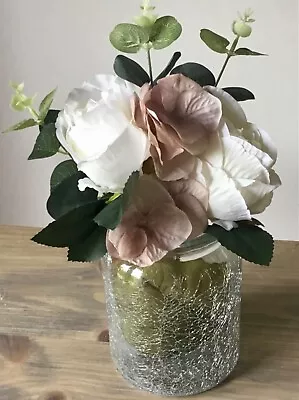 Buy Artificial Silk Flower Arrangement Roses Pink Hydrangea In A Crackle Glass Vase • 14.99£